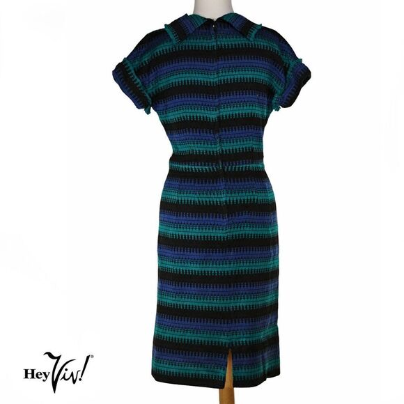 Vintage Fitted Sheath Dress Woven Blue Green Stripe Metal Zip Size M - Hey Viv - Picture 5 of 7